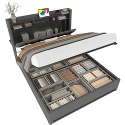 Polsterbett 160x200 mit Stauraum, LED-Beleuchtung und USB-Anschlüssen – modernes Design in Grau, Samtbezug, klappbares Kopfteil