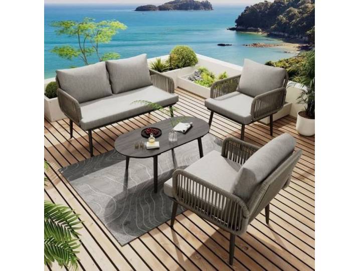 Salon de jardin moderne 4 places pieds effilés gris élégant idéal pour terrasse balcon et jardin gris SALON BAS DE JARDIN