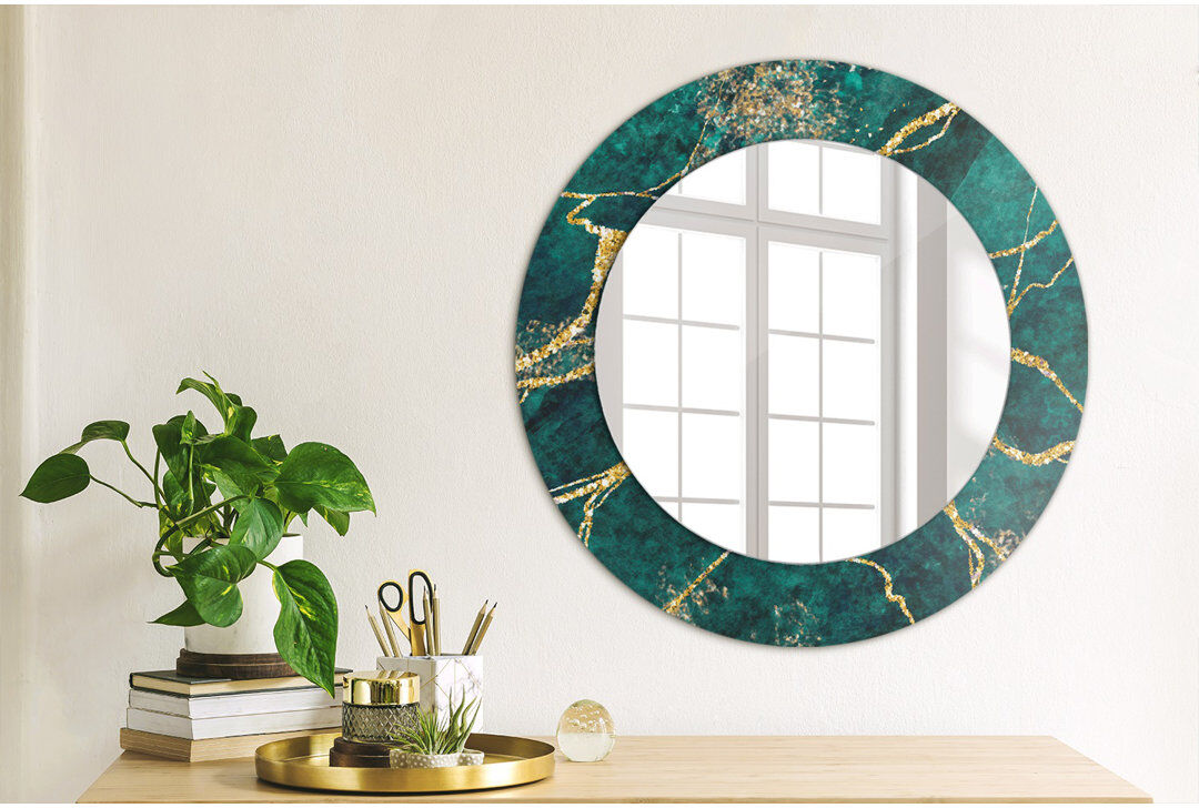East Urban Home Huldar Glass Flat Mirror Golden Malachite Green Marble 50cm H x 50cm W