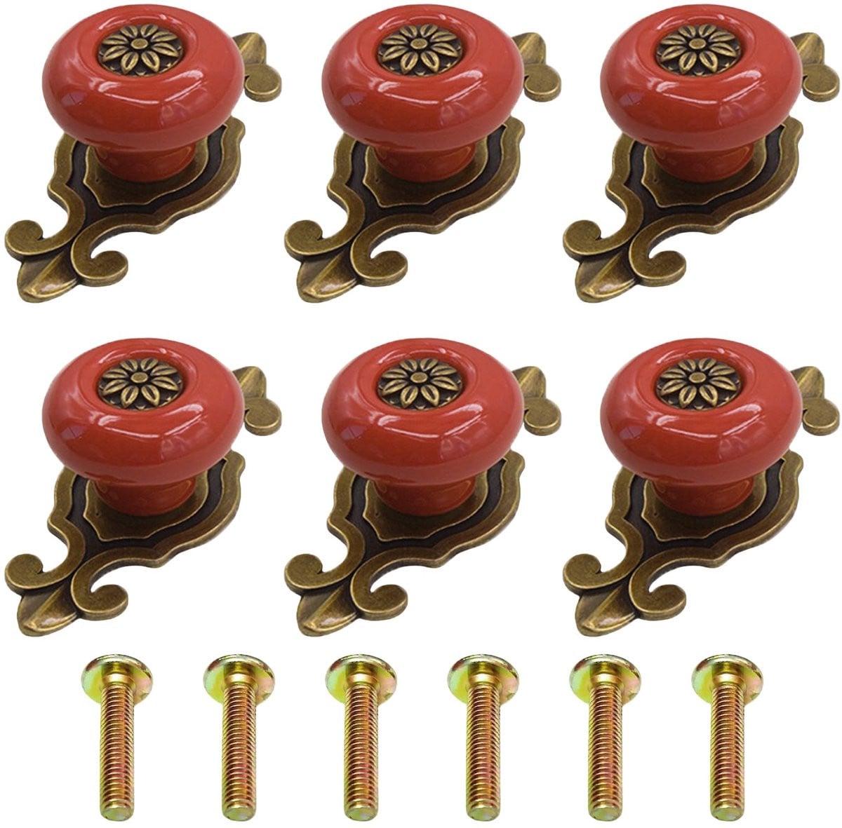 SnelShoppen Vintage Keramische Ladegrepen - 6 Stuks - Rood - Decoratieve Kastknoppen voor Meubels, Commode en Kledingkast