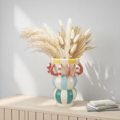 Storied Home Hand-Painted Stoneware Vase with Striped Pattern & 3D Loops
