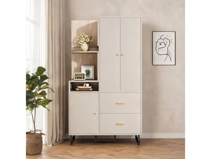 Armoire d'entrée 110x186x38 cm avec porte-manteaux et range-chaussures panneaux en tissu beige et gris classique style