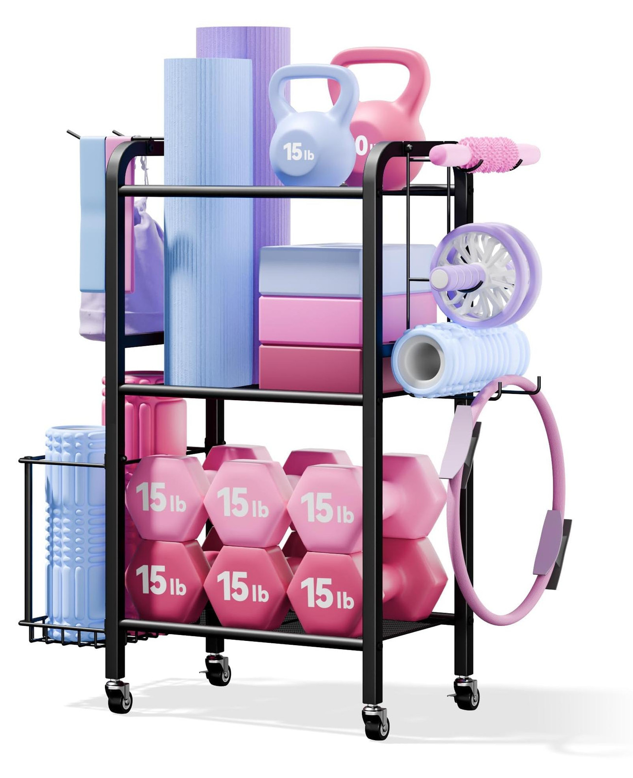 Selius 3-laags Heavy-Duty Home Gym Opbergrek met Haken en Wielen