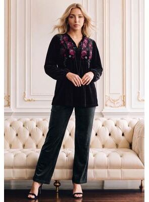Plus Size Women's Plus Size Embroidered Notch-Neck Tassel Tie Tunic by Roaman's in Black Marigold Embroidery (Size 12)