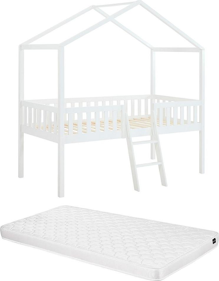 Halbhohes Hausbett - 90 x 190 cm - Kiefer - Weiß + Matratze - NALENY