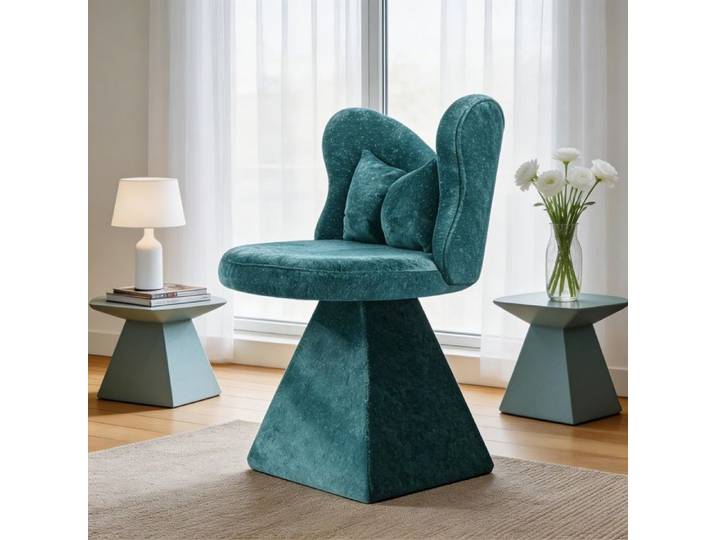 Chaise coiffeuse - Dossier papillon - Pivotante 360° - Velours chenille bleu - Base triangulaire