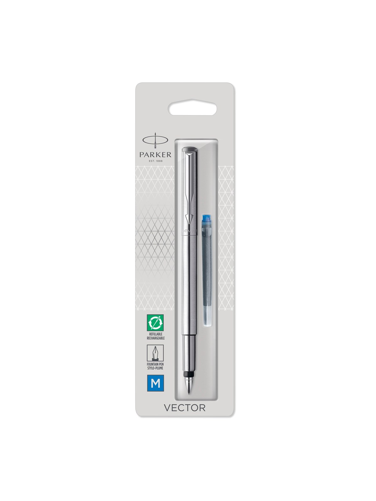 Parker Vector Füller | Edelstahl | Füllfederhalter mit mittlerer Feder | Blau Tinte