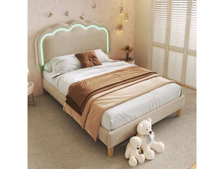 Lit simple LED capitonné - MERAX - Merax - 90x200 cm - Velours beige - Tête de lit LED réglable