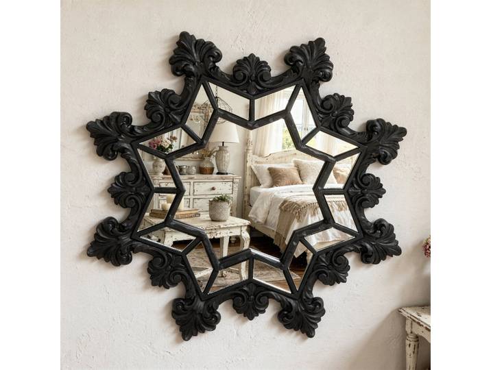 Miroir baroque octogonal forme flocon noir mat