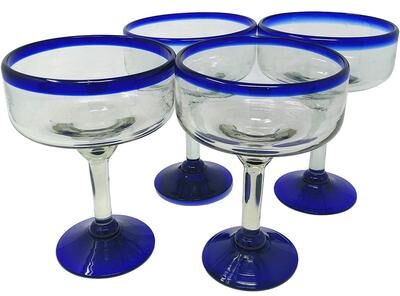 Dos Sueños Mexican Hand Blown Glass - Set of 4 Hand Blown Margarita Glasses (16 oz)
