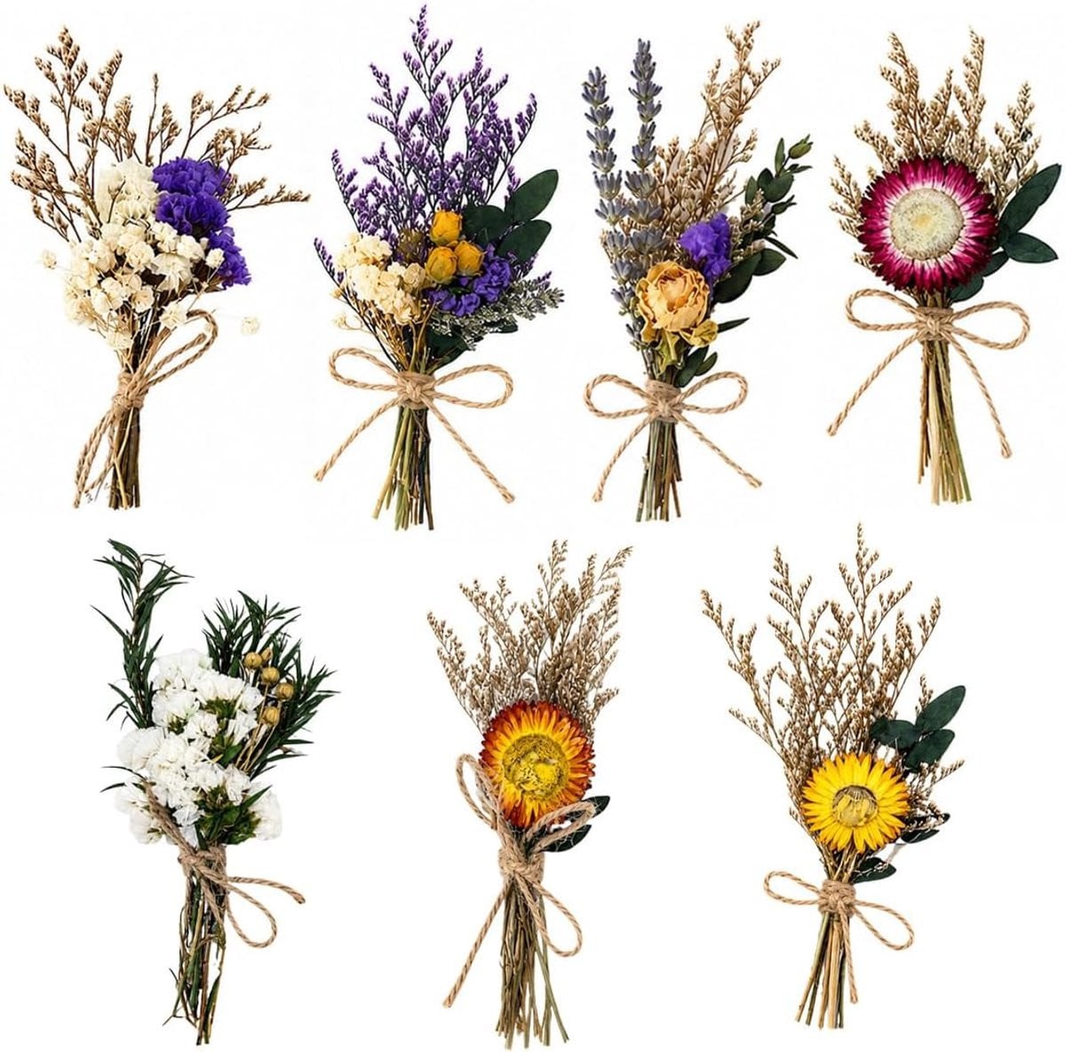 Set van 6 mini-boeketten met gedroogde bloemen voor decoratie en fotografie