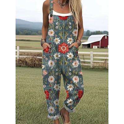 Damen Latzhose Aktiv Blumen Ärmellos Haremshose Kordelzug mit Tasche Urlaub Straße Lässiger Schnitt Schwarz Weiß Purpur Sommer