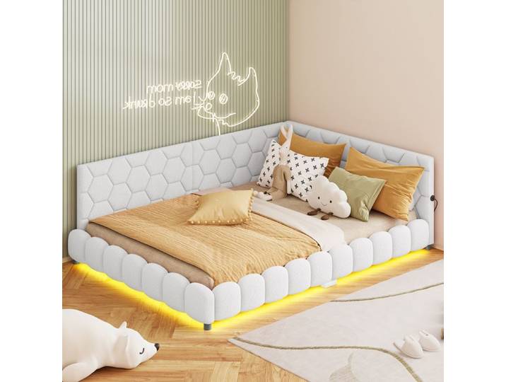 Lit Canapé 140x200 Lit Double Rembourré avec LED 16 Couleurs Port USB Lit Adulte Élégant Moderne Canapé Lit Confortable Blanc