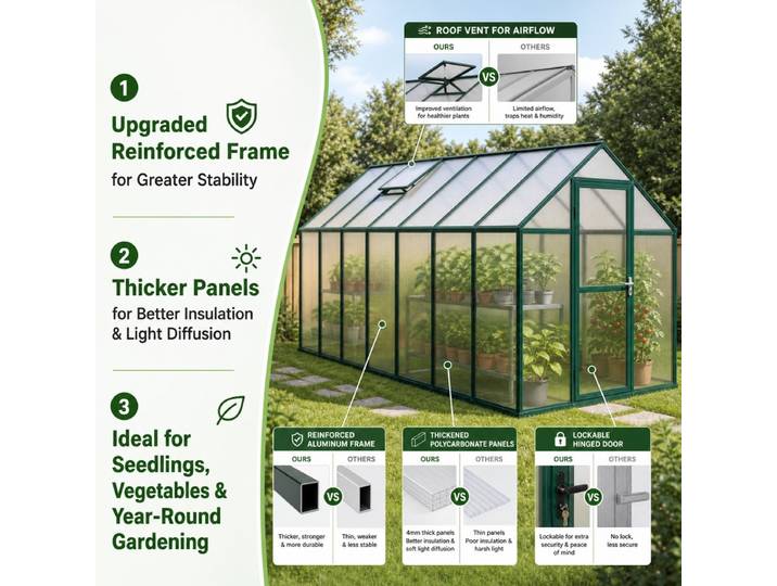 Serre avec structure de base verte 445x169x195 cm en aluminium, Grande serre de jardin, Serre pour plantes en polycarbonate avec base en aluminium, Verte 445x169x195cm