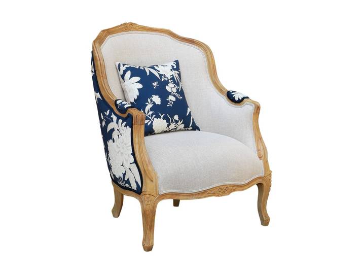 Fauteuil bergère en bois massif à motifs bleu et blanc, à motifs