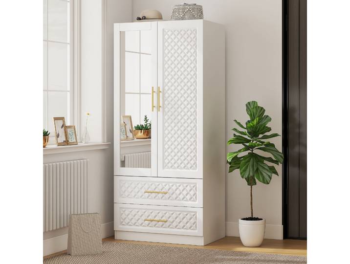 HOMCOM Armoire Blanche Miroir 2 Portes 2 Tiroirs 80x50x180 cm
