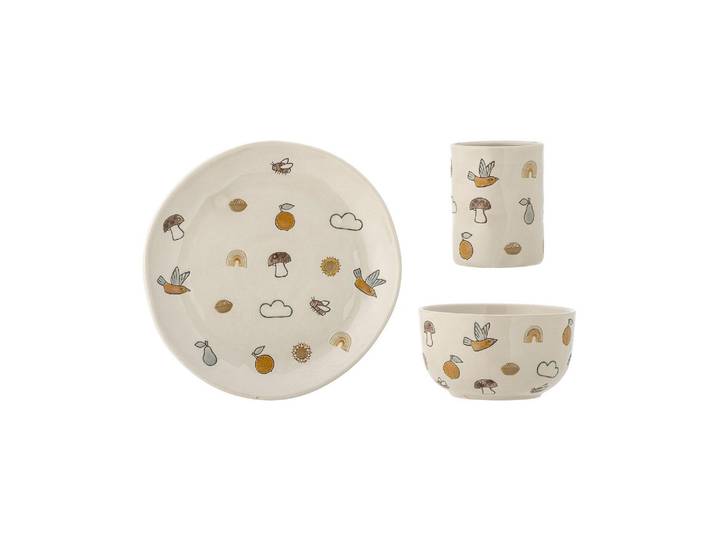 Lot de 3 ensembles de vaisselle en grès blanc, à motifs, assiette