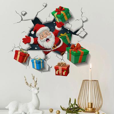 Inspired Living 3D Santa Wall Sticker Christmas Wall Decal With Broken Wall Effect 3D Santa Wall Sticker Christmas Wall Decal With Broken Wall Effect