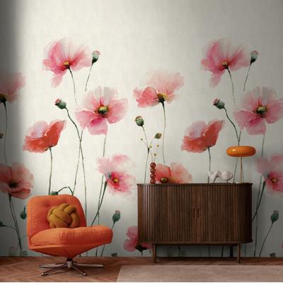 Fototapete LIVING WALLS "The Wall 4 Flowers – Aquarell-Mohnblumen Vlies-Fototapete", rosa (rot), B:1,59m H:0m L:2,8m, Vinyl, Vlies, Tapeten, Aquarell-Mohnblumen mit fließender Tiefenwirkung
