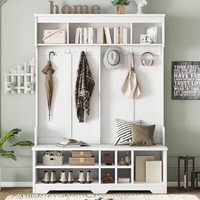 AISWORD Modern Hallway Hall Tree with Metal Hooks and Storage Space, Multi-Functional Entryway Coat Rack with Shoe Cubbies