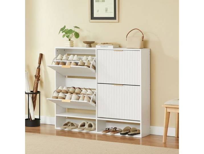 ELVORIN meuble a chaussures 120 x 24 x 102 cm MDF portes basculantes plateau decoratif blanc