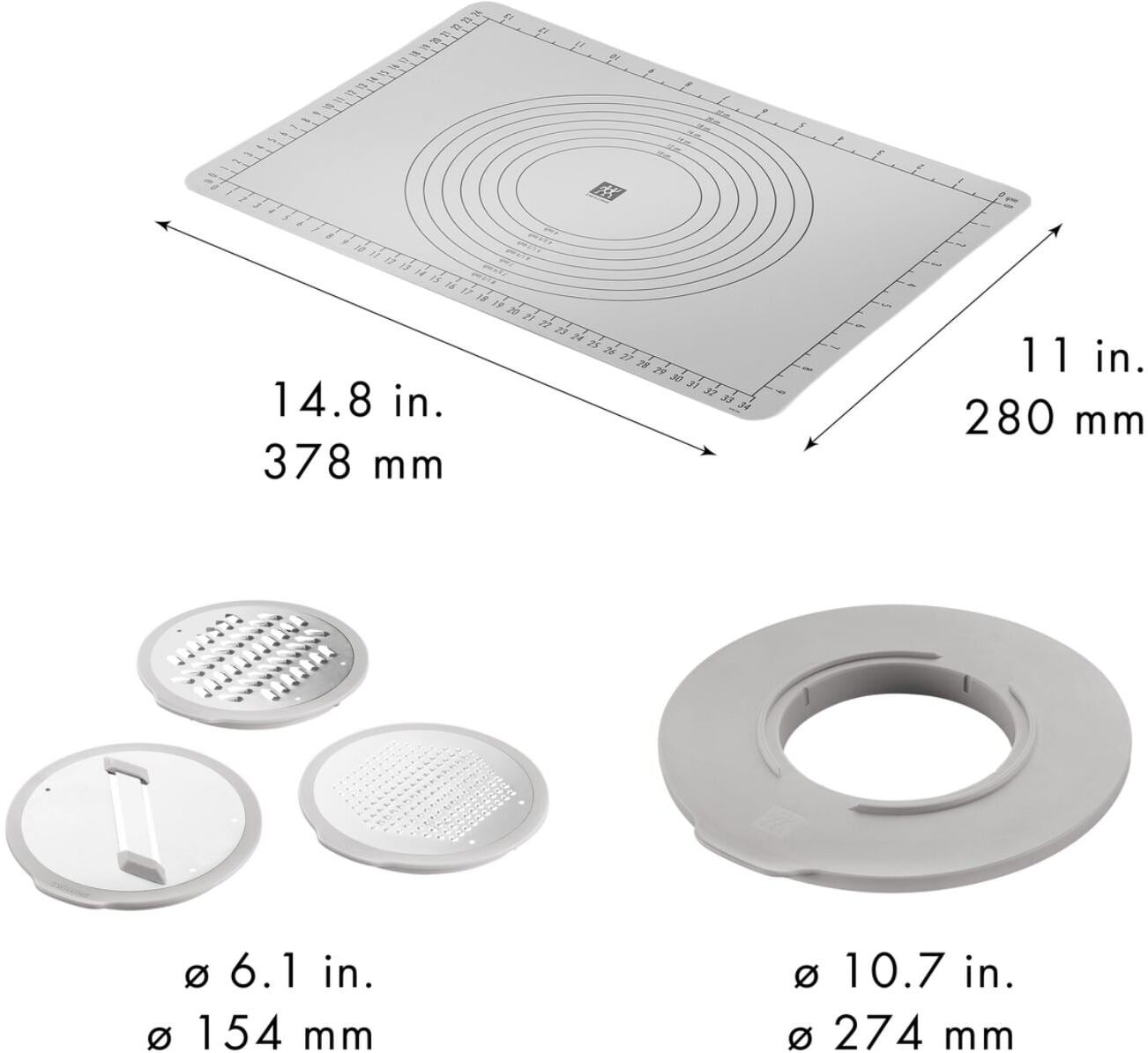 Reibeaufsatz ZWILLING "Fresh & Save BOWLS - Zubehör-Set, Accessoire-Set, 5-teilig", weiss (grau), B:27,3cm H:2,5cm Ø:24cm, Kunststoff, Küchenmaschinen-Aufsätze, Reibeaufsatz, Spritzschutz, 3 Reibeaufsätze, backofenfeste Anti-Rutsch-Silikonmatte grau Einhe