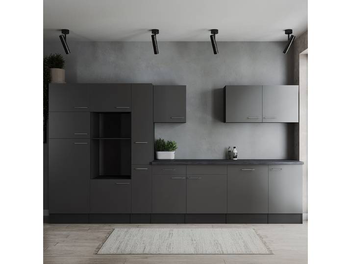 Premium Küchenzeile Oliver 370 cm 370 x 205 x 60cm Grau/Grau ohne Elektrogeräte