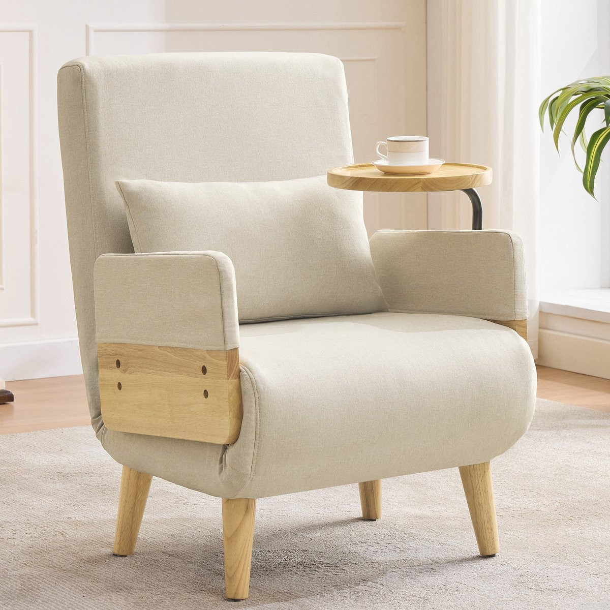 Sweiko Relaxfauteuil met slaapfunctie en houten pallet, beige slaapbank en opklapbare stoel