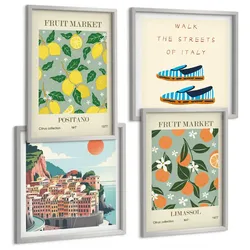 BILDER SET 4er Set - 50x50 cm & 40x60 cm Silberner Rahmen - Fruchtmuster der italienischen Kultur