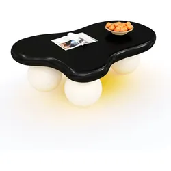 OKWISH Wolkenförmiger Couchtisch LED-Stimmungslicht, kleiner Wohnzimmertisch, MDF, 95x62x32 cm, abgerundete Kanten, kreatives Design, Schwarz