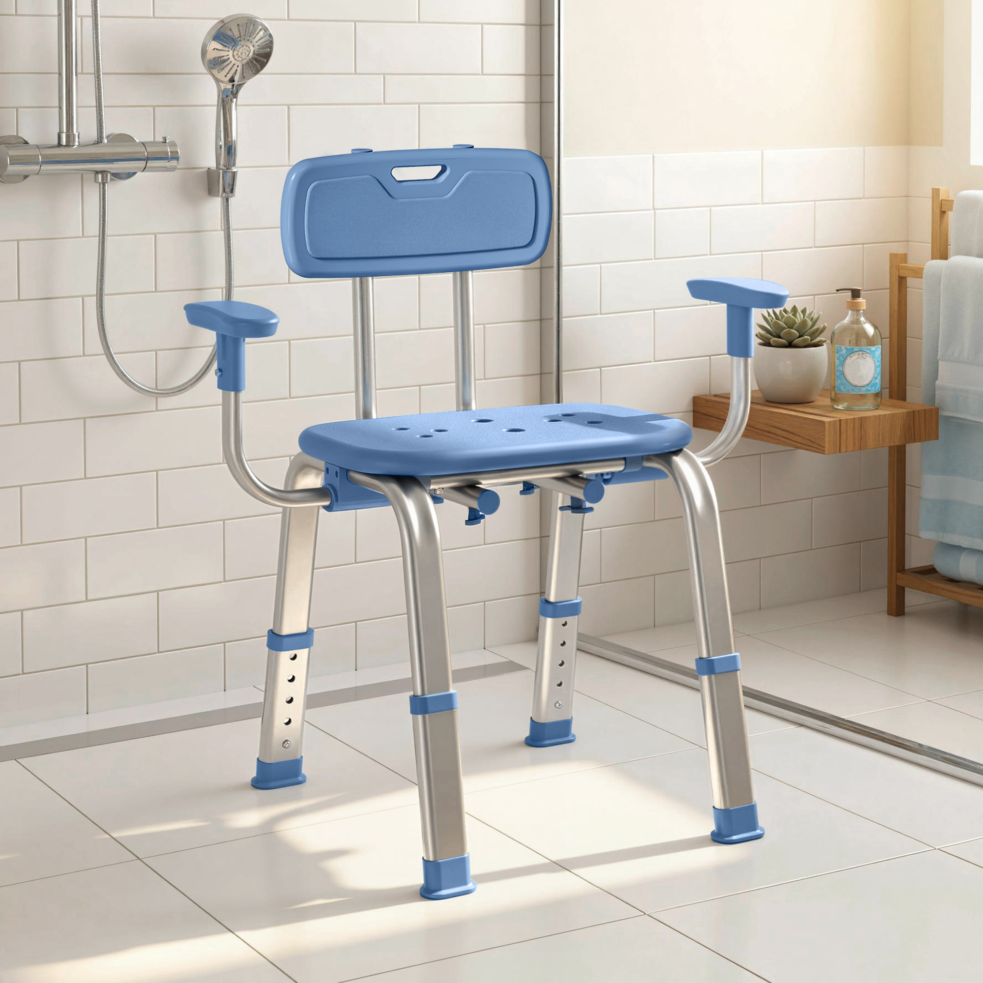 Homcom Sgabello da Doccia, Sedia da Doccia Ergonomica con Braccioli, Schienale, Altezza e Seduta Regolabili, Blu   Aosom Italy