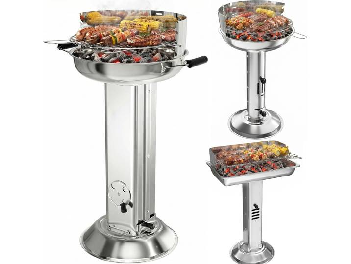 Barbecue au charbon de bois en acier inoxydable résistant aux intempéries, barbecue sur pied, grille chromée réglable en hauteur, bac à cendres et ventilation