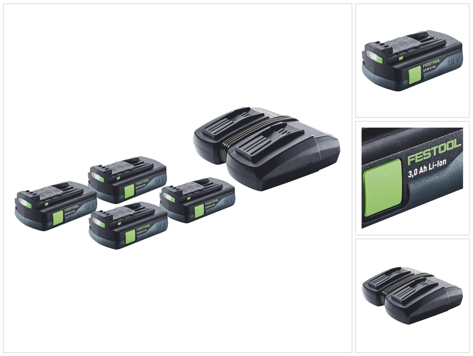 Festool Energieset met 4x BP 18 Li 3,0 C 18 V 3,0 Ah accu en TCL 6 DUO dubbele oplader