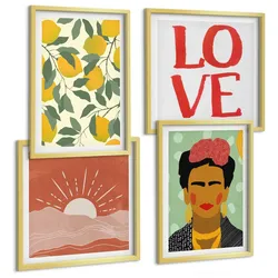 BILDER SET 4er Set - 50x50 cm & 40x60 cm Goldrahmen - Zitronen Inschrift Liebeslandschaft Frida