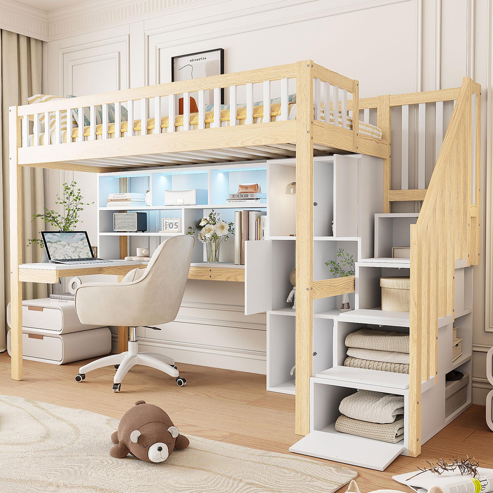 Merax Etagenbett Hochbett 90x200 cm, mit LED-Leuchten, Schreibtisch, Regalen, Stauraumleiter, Kinderbett aus Holz, Stockbett, Weiß+Natur