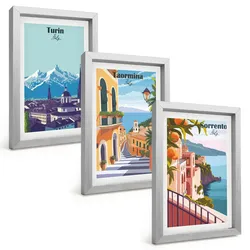 BILDER SET 3er Set - 20x30 cm Silberner Rahmen - Farbenfrohe Retro-Stadtansichten