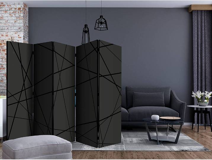 Paravent Dark Intersection Akustik Vlies auf Kiefer Massiv Schwarz 225 x 172cm
