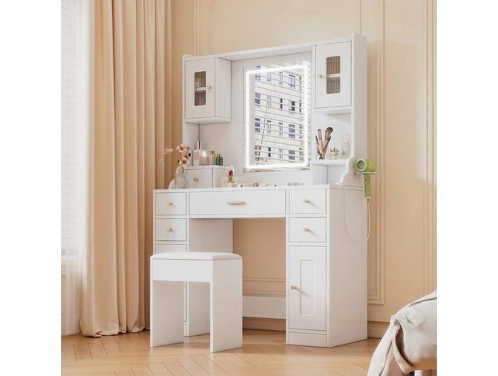 Xylo - Coiffeuse miroir LED 3 tiroirs 1 porte blanc 100×75×40 cm (sans tabouret) (old sku RN3190801AAW)