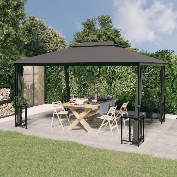 Pavillon Gartenpavillon 3x4 m Anthrazit mit Seitenwänden und Doppeldach, pulverbeschichteter Stahlrahmen, wasserabweisendes Polyester, ideal für Terrasse, Balkon, Garten und Party