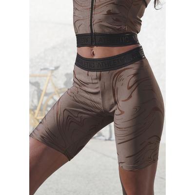 Funktionsshorts LASCANA ACTIVE, Damen, Gr. XS (32/34), N-Gr, braun (braun, kupferfarben), Obermaterial: 85% Polyester, 15% Elasthan, bedruckt, gemustert, glänzend, eng ca. Mitte Oberschenkel, Hosen, mit glänzendem 3D Schriftzug auf dem Bund