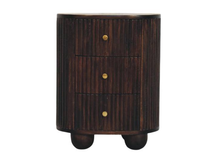 Artisan Furniture Nachtkasten Geschwungen Geriffelt, 3 Schubladen, Dunkelbraun, Holz, Echtholz,Mangoholz, Holz Optik, Rechteckig, 45x58x35 cm, Schlafzimmer, Nachttische