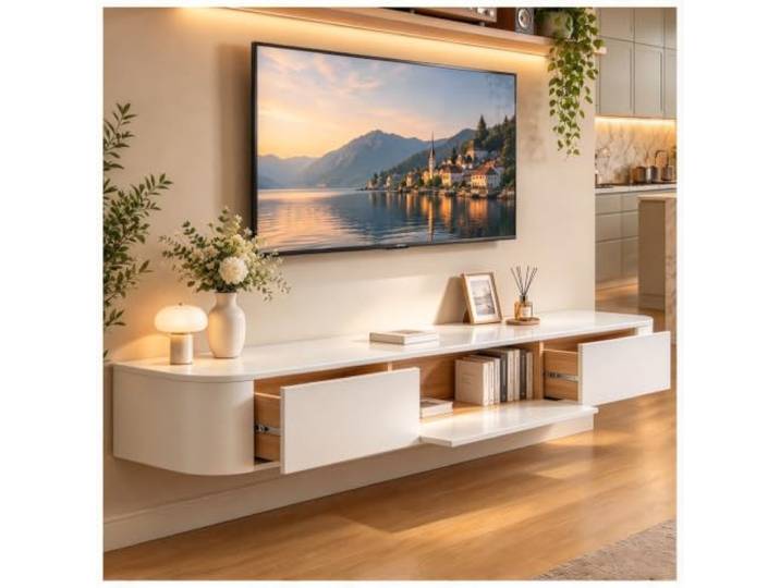 HZKSINNK Moderner TV Schrank, Fernsehtisch Hängend, TV Lowboard Mit 2 Schubladen Klappen Türen, TV Sideboard Wohnzimmer Mit Kabelmanagement, TV Tisch Für Wohnzimmer Und Esszimmer(Weiß,140cm)