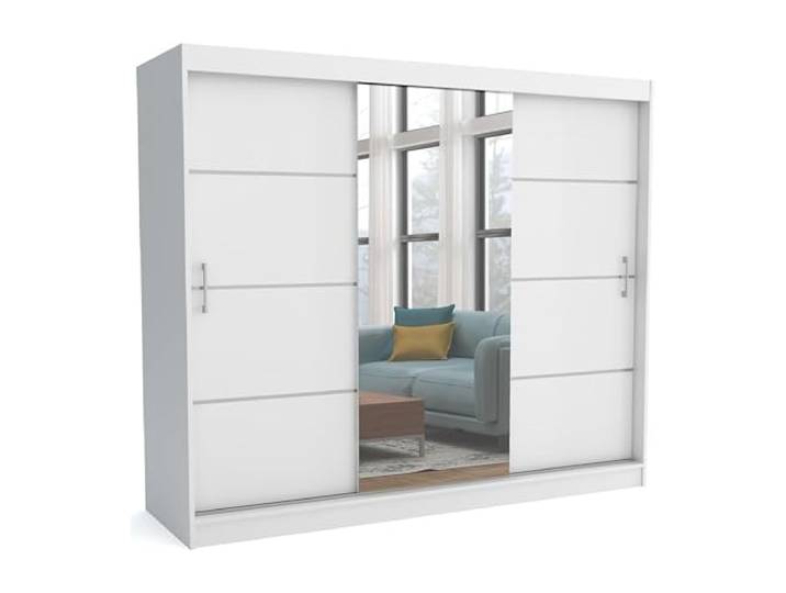 Brent - Kleiderschrank mit Spiegel 240cm Breit Windsor Tomy I Schlafzimmerschrank mit 2 Kleiderstänger und Einlegeböden für Kleidung I Kleiderschrank Weiß