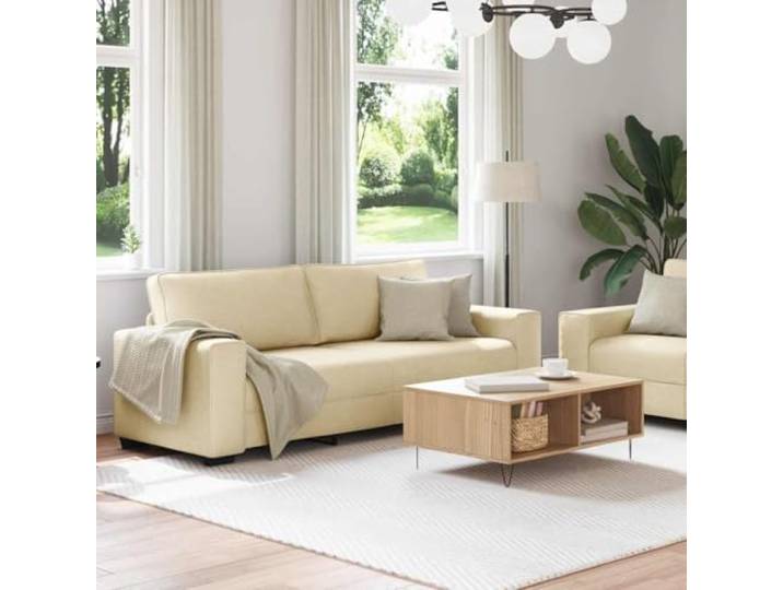 KTHLBRH Sofa-Set, 2-teilig, Creme mit Kissen Polyestergewebe, Struktur Holz und Metall, 2-Sitzer 160 cm, 3-Sitzer 221 cm