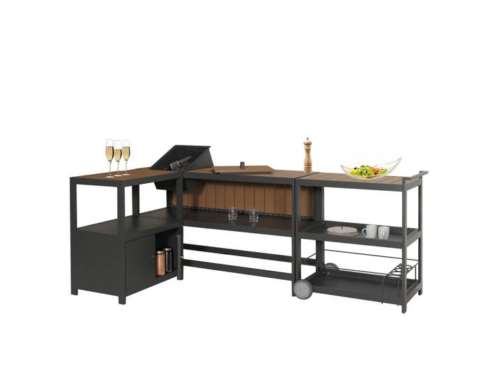 Aluminium Outdoor-Küche 3-teilig HWC-M64, Außenküche Garten Servierwagen Eiskübel Schrank Anthrazit, helle Holzoptik