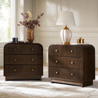 HULALA HOME Claude Modern Easy Assembly 3-drawers Fluted Curved End Table with Charging Station and USB Ports Set of 2