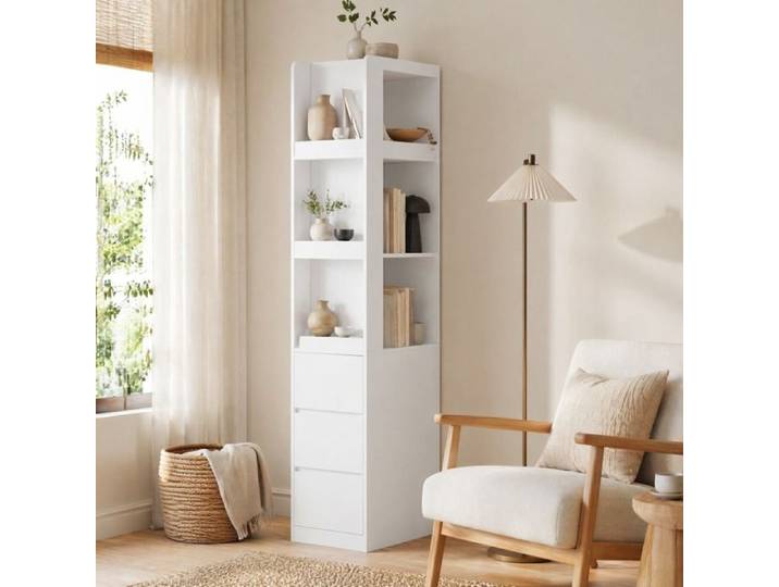 Bibliothèque étroite SENVIRO - 60 x 40 x 200 cm 3 étagères 3 tiroirs blanc