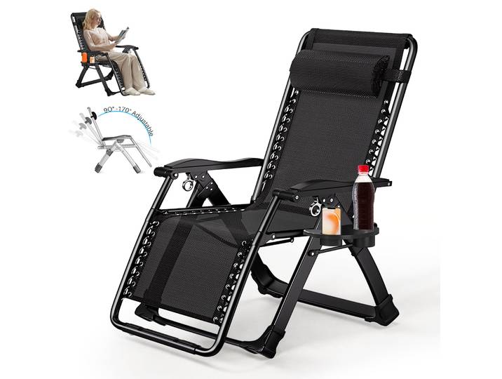 Chaises longues de jardin en textilène pour l'extérieur, chaise longue inclinable pliante à gravité zéro réglable avec porte-gobelet et oreiller appui-tête