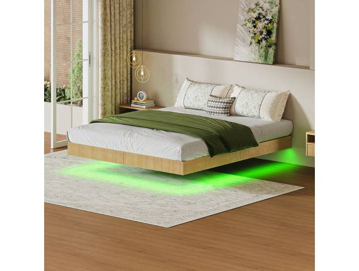 Lit flottant Naturel 180 x 200 cm LED RGB cadre en métal renforcé bois rainuré rangement sous le lit