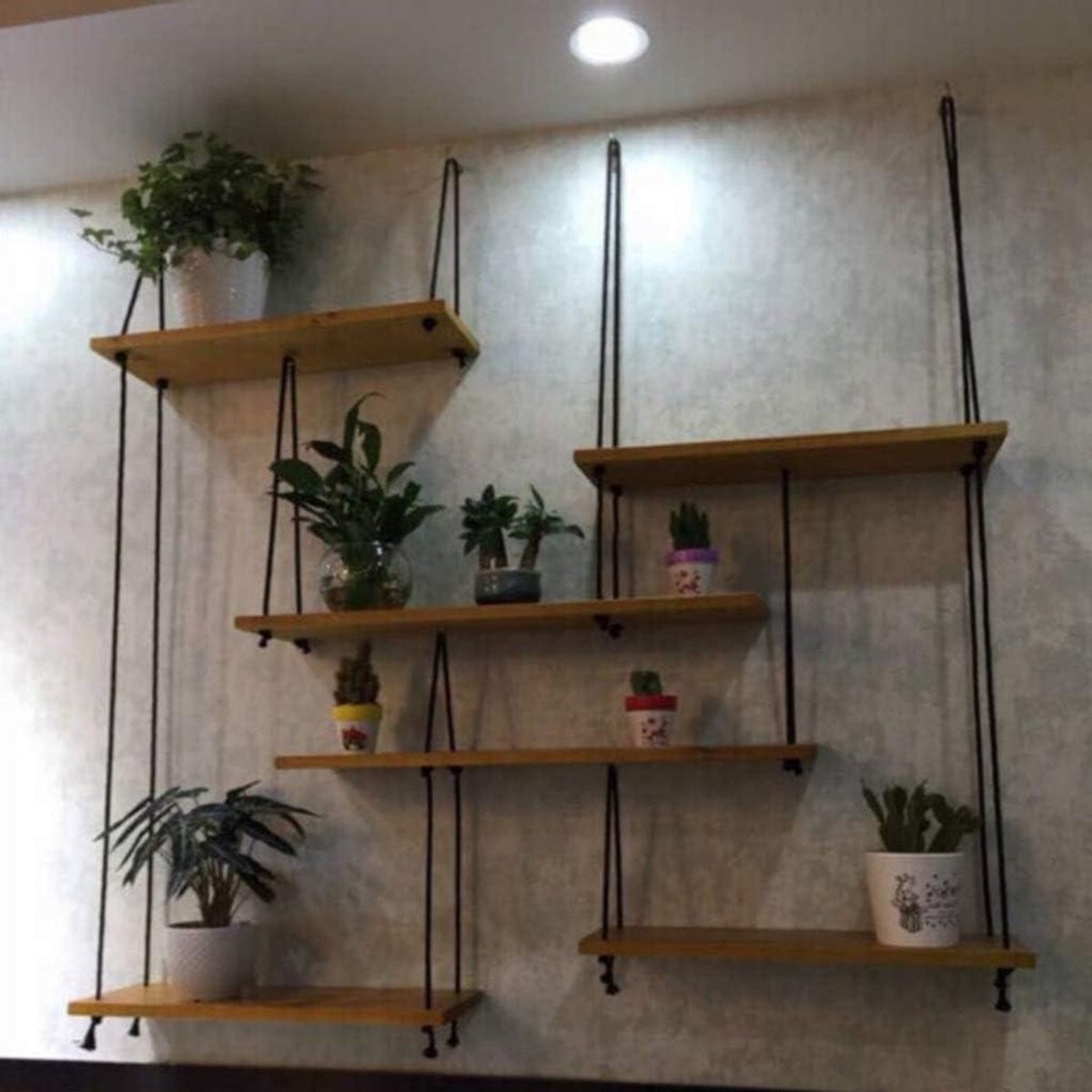 Houten Wandplank met Touwen in Natuurlijk Hout - Verstelbare Wandplank voor Decoratie en Opslag